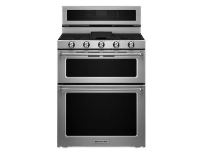 KitchenAid 5 Burner Dual Fuel Double Oven Convection Range and 26.8 Cu. Ft. Standard Depth French Door Refrigerator - KFDD500ESS-KRFF507HPS